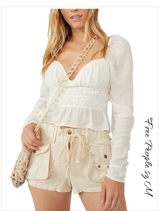 Free People Tops - NWT Free People Chloe White Smocked Tie Neck Puff Sleeve Top M
